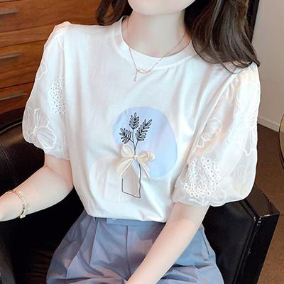 Casual Gedruckt T-shirt Frauen Elegante Sommer Frauen Tops Oansatz Verstärktes Spitze Hemd Koreanischen Stil Puff Kurzarm Bluse 27463
