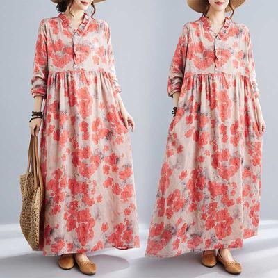 New Retro Printed Loose Belly Shading Mulle Lace Long Sleeve Dresses