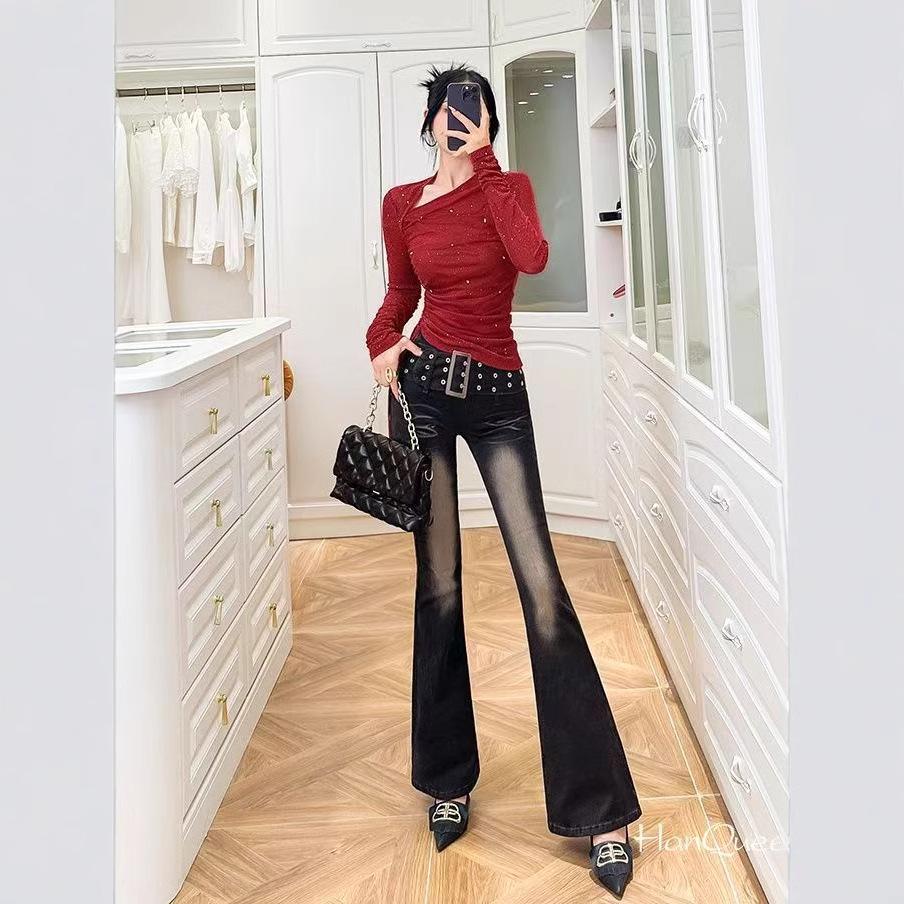 Women's Slimming Retro Flare Jeans with Wide Waistband – Versatile Floor-Length Horseshoe Pants for Spring and Autumn