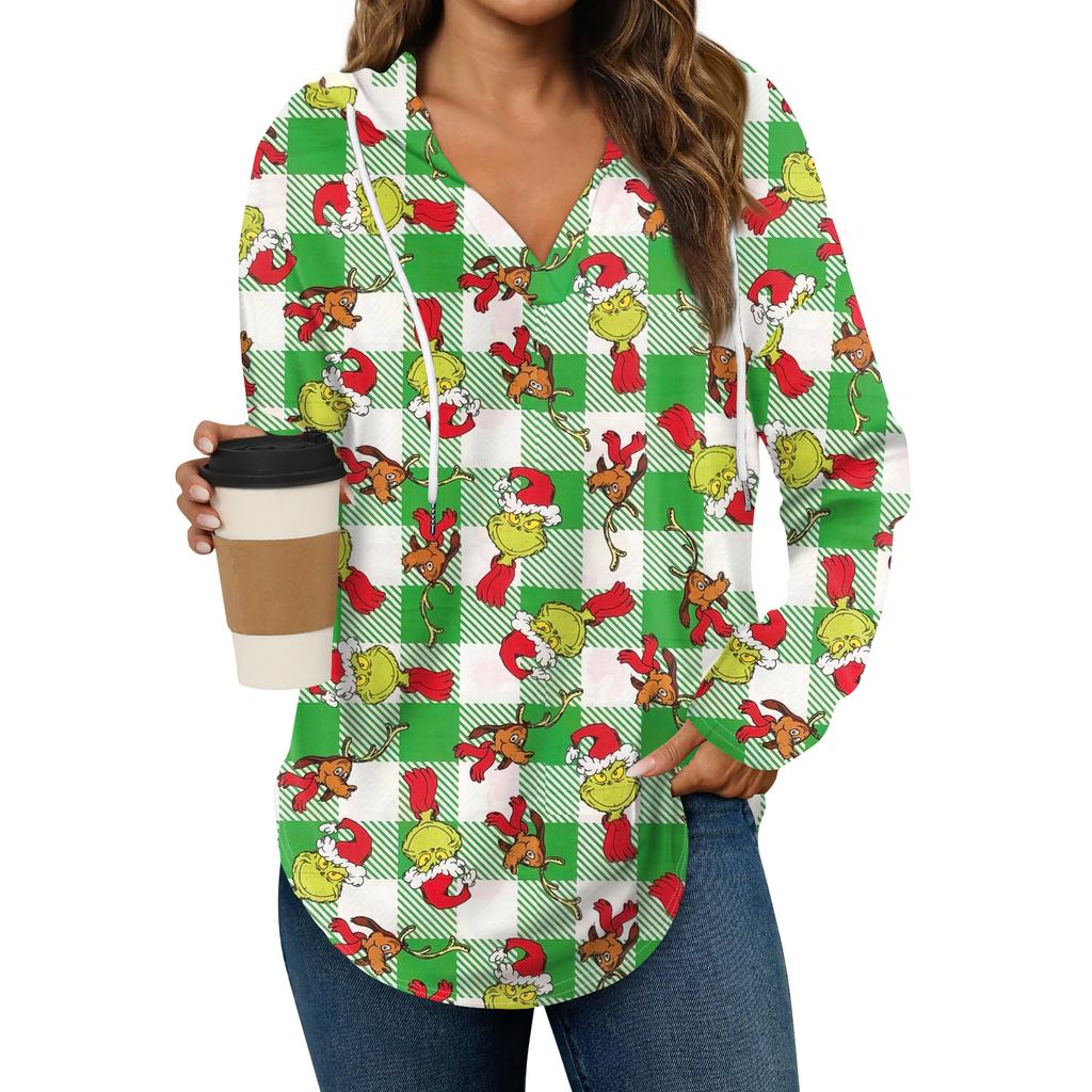Women's Fashion Hoodies V Neck Long Sleeve Christmas Printed Drawstring Casual Loose Pullover Tops