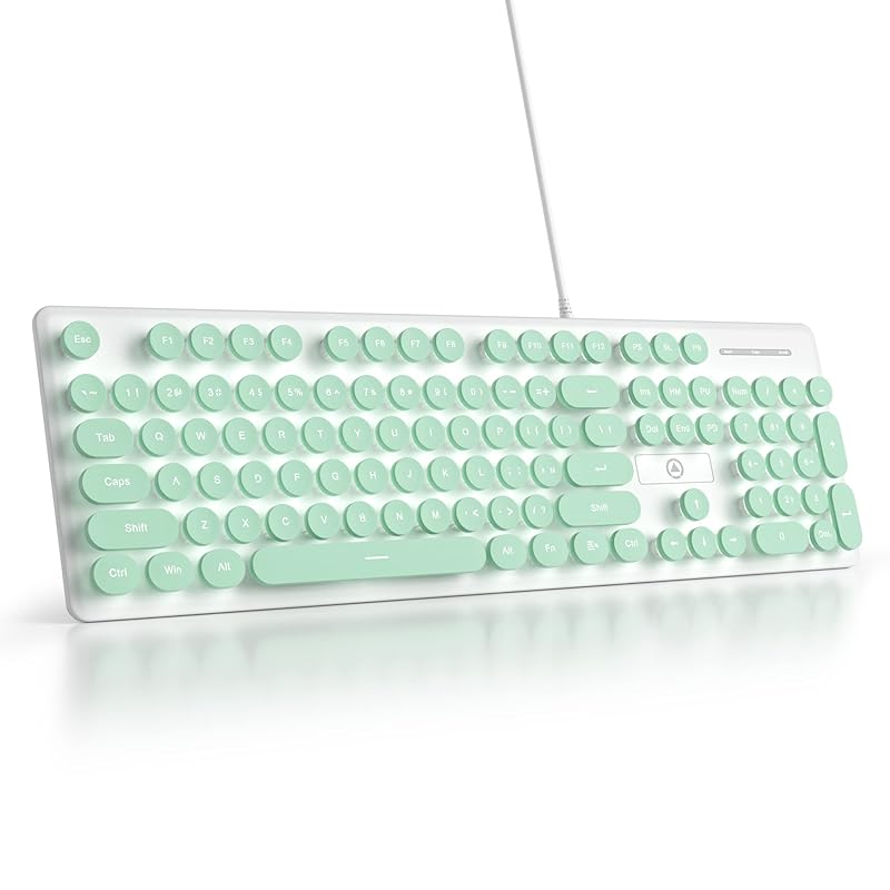 

Ussixchare Wired silent membrane keyboard, full size 104 keys punk typewriter green LED Backlit, USB ultra slim gaming keyboard ABS with round keycaps