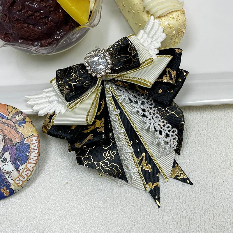 New Cosplay Anime Dance Bow Brooches for Women Fabric Lace Bowknot Crystal Shirt Dress Collar Pins Handmade Accessories
