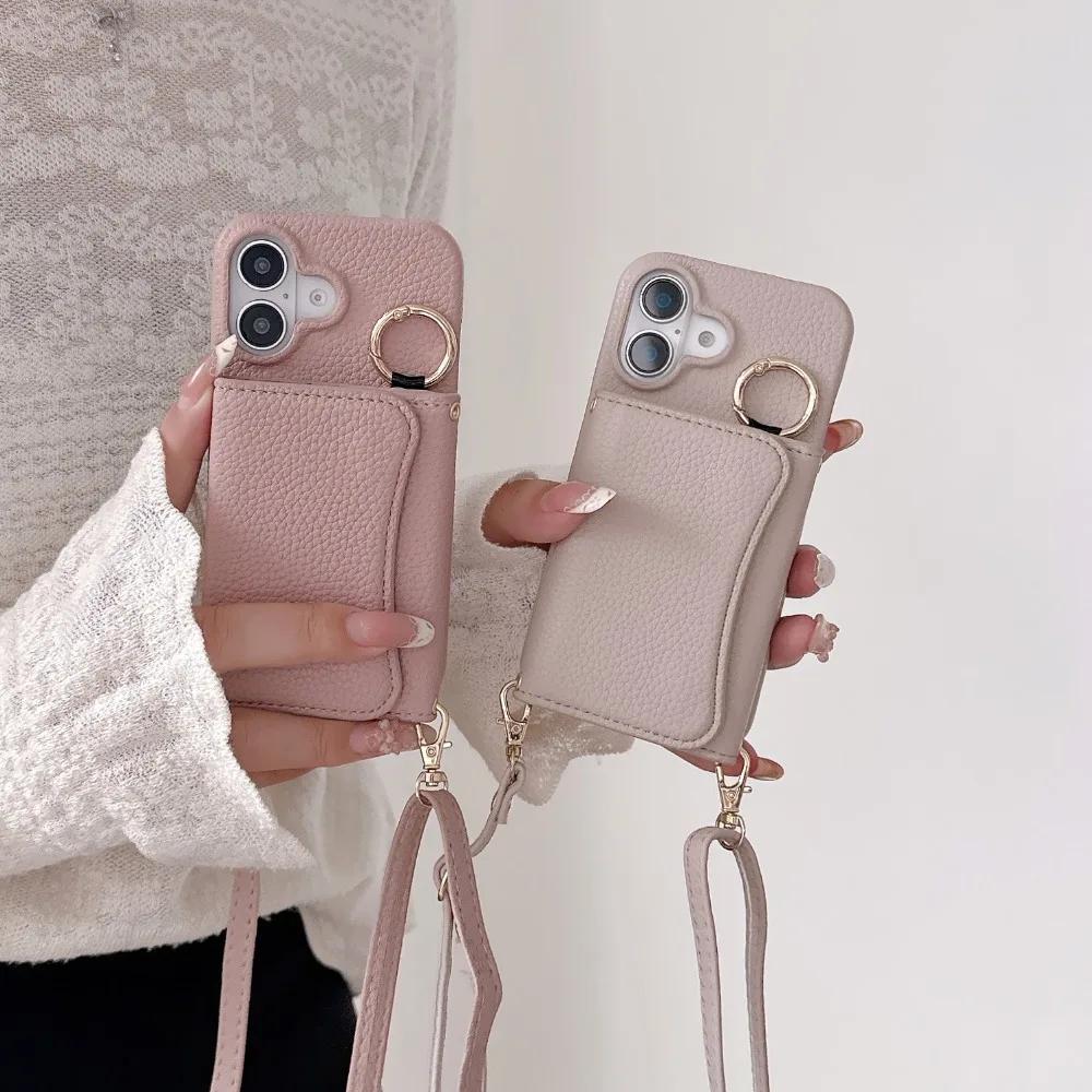 Wallet Card Holder Slot Phone Case for IPhone 16E 16 15 14 Pro 13 12 Mini 11ProMax Ring Crossbody PU Leather Anti-fall Cover