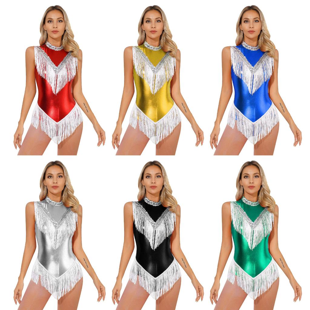 Womens Metallic Sleeveless Fringed Bodysuit Shiny Sequins Mock Neck Tassel Leotard for Latin Dance Performance