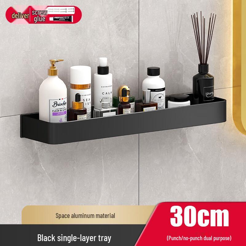DANLE Black Aluminum Adhesive Wall Shelf, 30cm, Single Tier