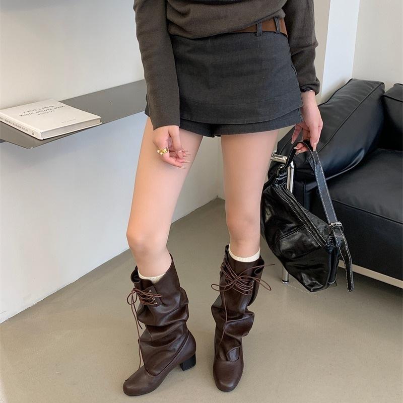 New stacking boots women's pants boots thick heel thick-soled boots but knee round head lace-up wearing knight boots