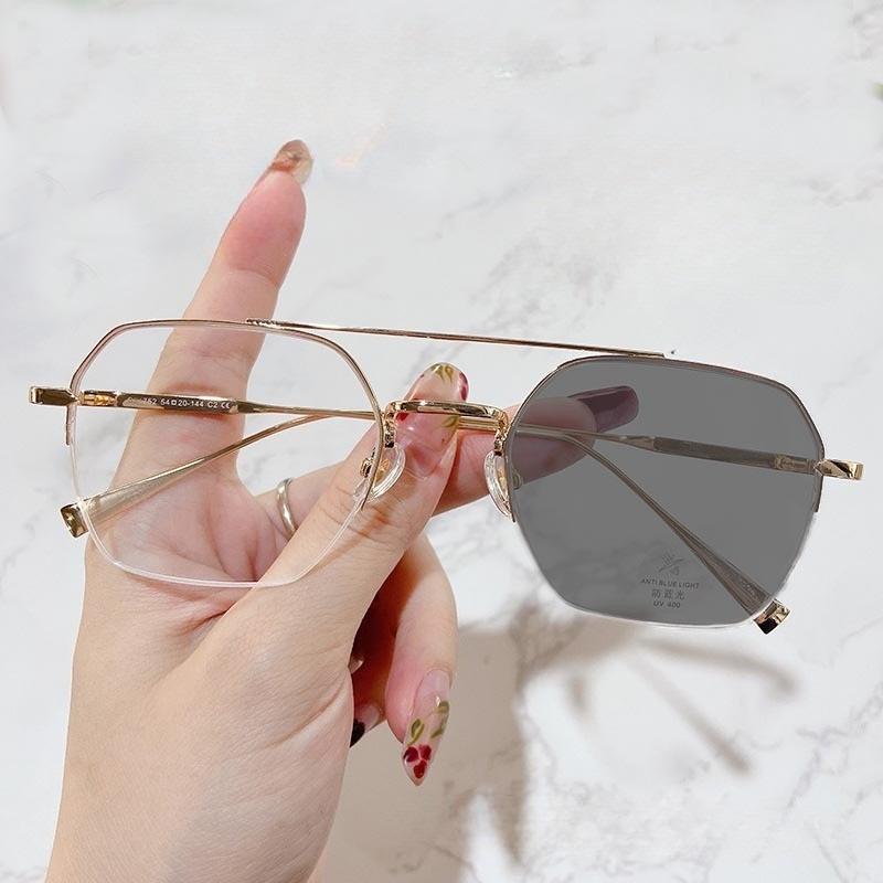 Business Rectangular Half Frame Glasses Pochromic Anti Radiation Eyewear