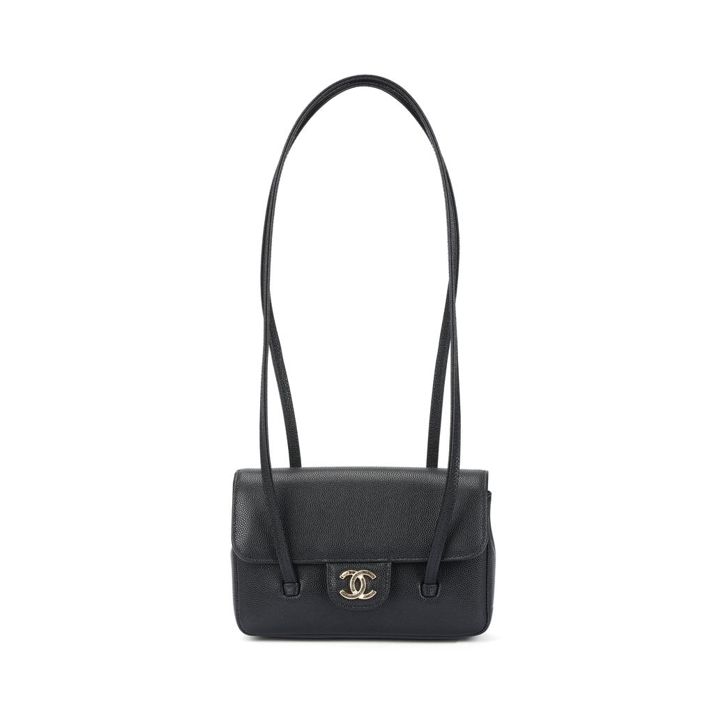 Chanel 26p Gold-Labeled Double C Logo Long Handle Grain Embossed Glossy Calfskin With Gold Metal Handheld Shoulder Bag Mini Female Black