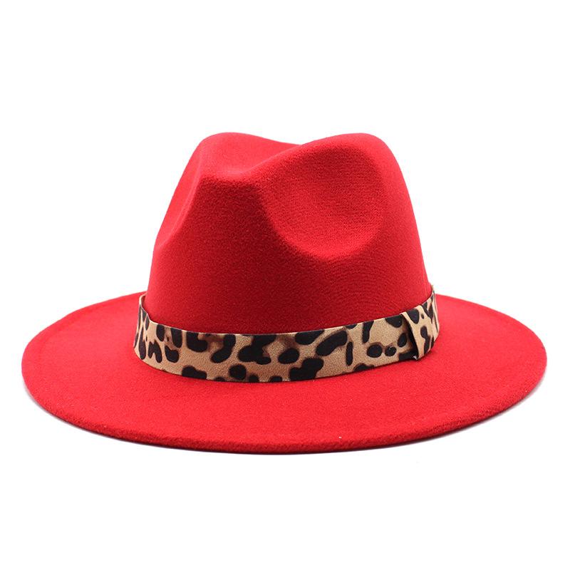 Woolen Top Hat Leopard Print Solid Color Hat Women'S Flat-Brimmed Big-Brimmed Jazz Hat 22 Colors