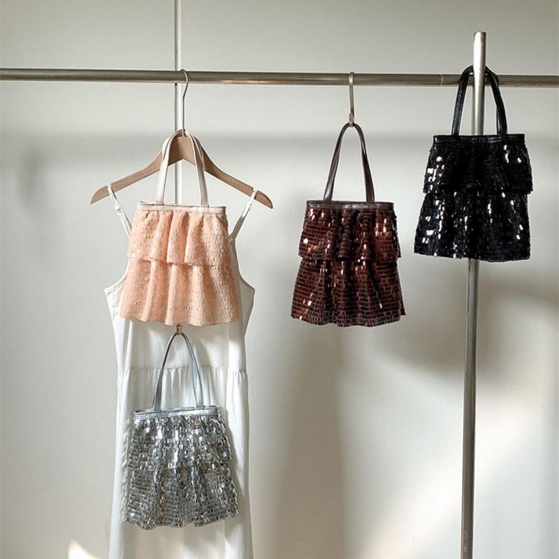 2025 Fashion Elegant Skirt Style Women Shiny Sequin Handbags Lady Peculiar Design Folded Underarm Bag Trendy Party Evening Bag