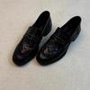 Soft leather! Loafers women's retro British style round head rivet pleated one pedal thick heel black small leather shoes