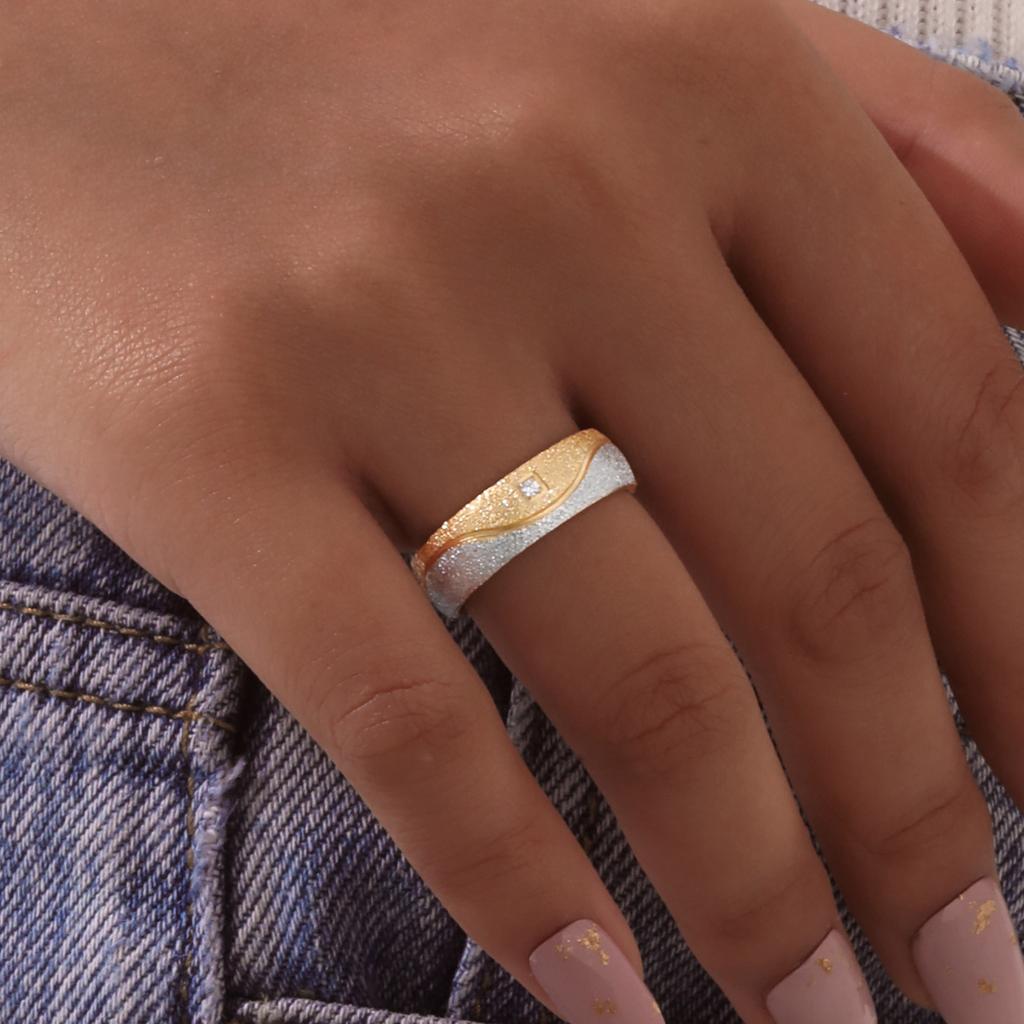 Two Tone Engagement Zirconia Ring for Women, Matt Stainless Steel Gold-color Wedding Engagement CZ Ring  US Size 5 To 10