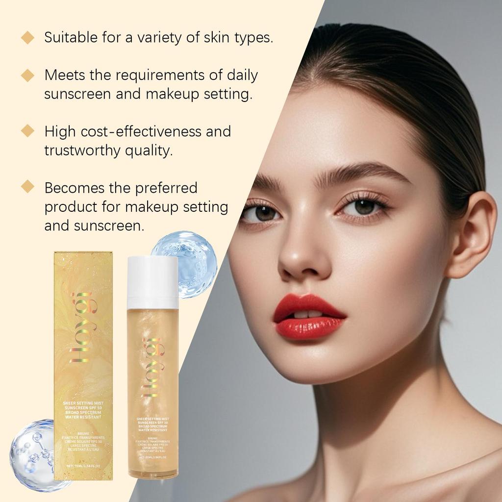 Hoygi Spray Crème Solaire Fixatrice Transparente SPF50, Hydratant & Léger, Non Gras, Fixateur de Maquillage Longue Tenue à l'Acide Hyaluronique, 75ml