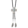 Men's Rodeos Western Leather Cord Bolo Tie Antique Floral Stone Jewelry Cowboy Necktie Necklace with Feathered Pendant