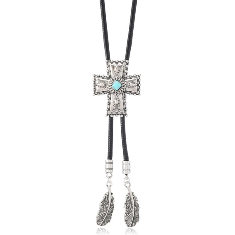 Men's Rodeos Western Leather Cord Bolo Tie Antique Floral Stone Jewelry Cowboy Necktie Necklace with Feathered Pendant