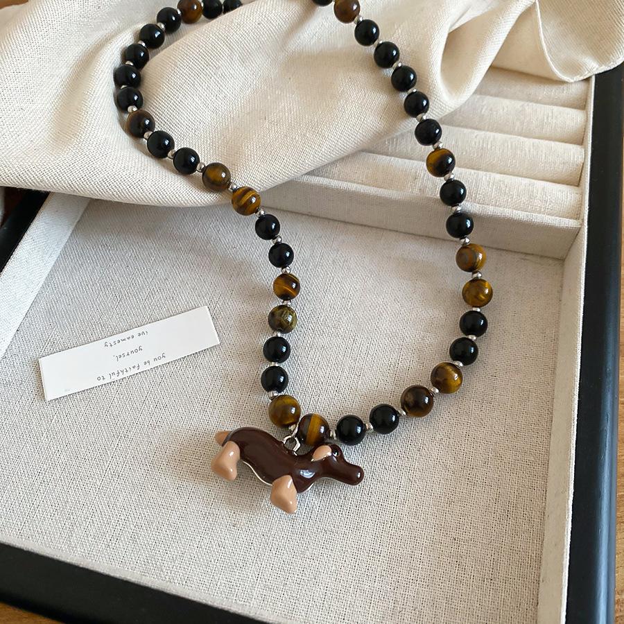 

Women Stylish Choker Necklaces Natural Tiger Eye Stone Enamel Cartoon Dachshund Dog Pendant Beaded Strand Sweet Jewelry 52cm