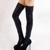Wet Look Thigh High Stockings for Women Sexy Stretchy Shiny Metallic Black Stockings with Lace Trim Glossy Faux Leather Socks for Party Club Cosplay