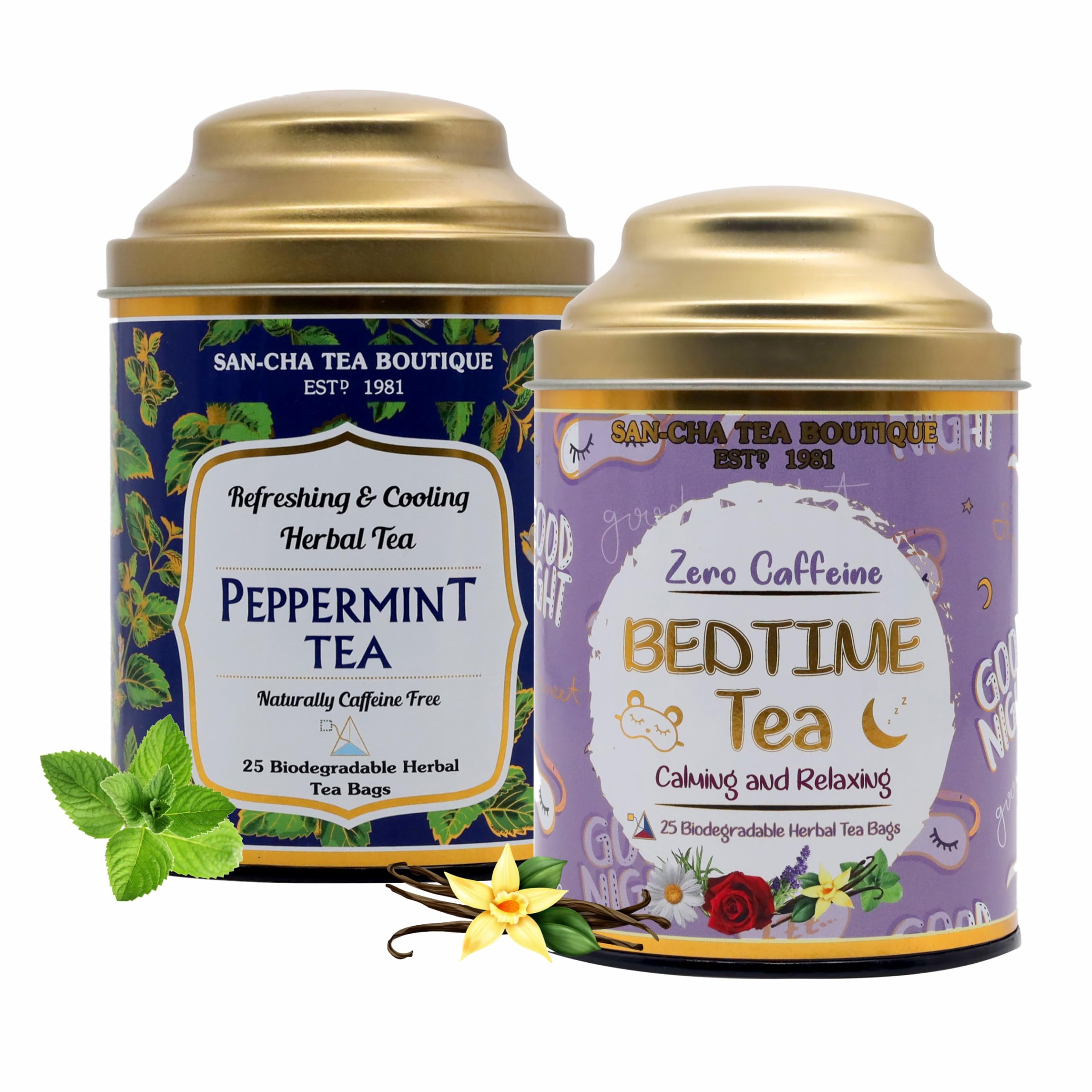 Sancha Tea Boutique, Combo Pack, Peppermint Herbal Tisane & Bedtime Tea, Caffeine Free, Calming & Relaxing