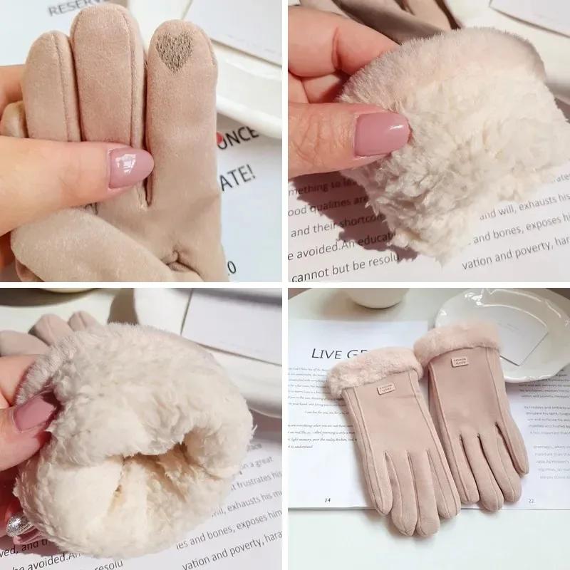 Damskie zimowe grube pluszowe rękawiczki modne ciepłe zamszowe Outdoor Guantes damskie rękawiczki do jazdy z ekranem dotykowym sportowe rękawiczki rowerowe