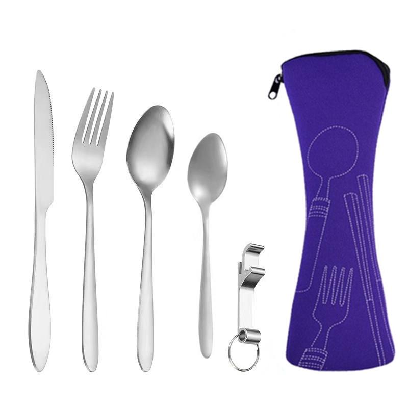 Tragbares Edelstahl-Besteckset - 5-teiliges Reisebesteck mit Messer, Gabel, Löffel und kleinem Löffel für Camping & Outdoor