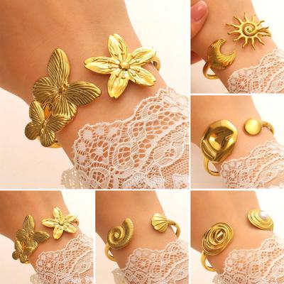 Gold Cuff Bracelets for Women Vintage Flower Butterfly Sun Seashell Boho Bangles Wide Open Cuff Bracelet Jewelry for Her