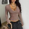 2025 Cross-Border Autumn/Winter Women's Ribbed Knit V-Neck Slim Long Sleeve Top - Stretchy & Comfortable