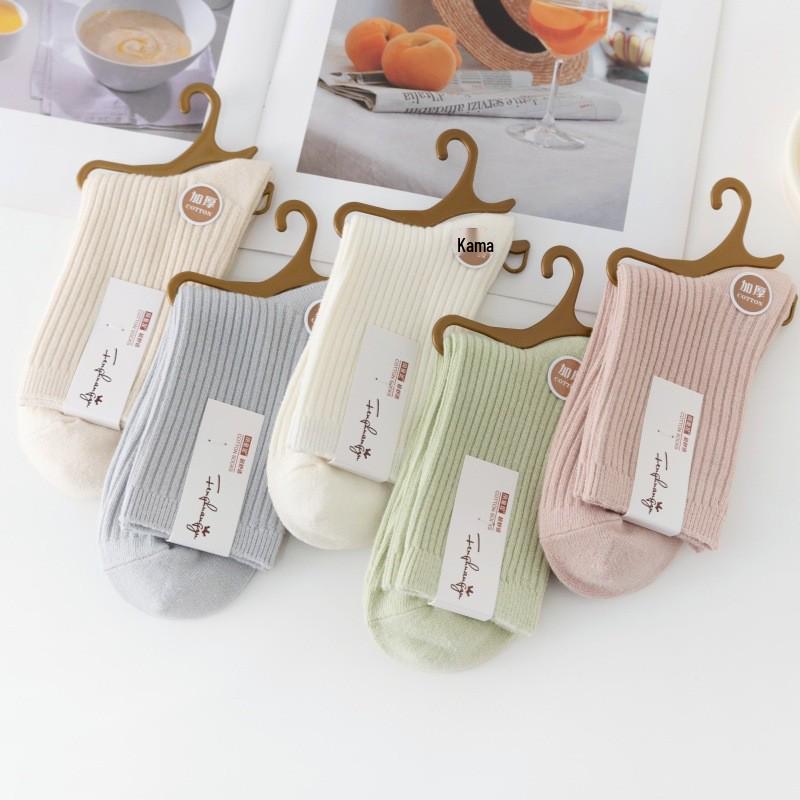 Women's Thickened Cotton Mid-Calf Socks - Warm, Solid Color for Autumn & Winter