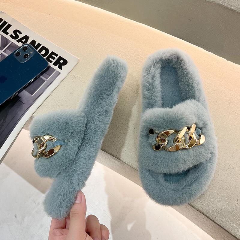 Height heel thick bottom fluffy slippers women wear autumn and winter cotton drag chain Internet celebrity popular plush slippers spring and summer