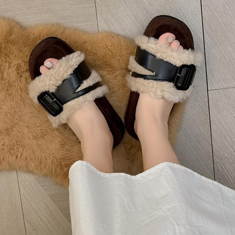 

Меховые балетки женские тапочки модная платформа короткие плюшевые пряжки зимняя обувь 2025 тренд дизайнерские прогулочные домашние туфли женские 40 чёрный