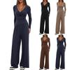 2-Piece Solid Color V-Neck Casual Set with Long Sleeve Top & Wide Leg Pants