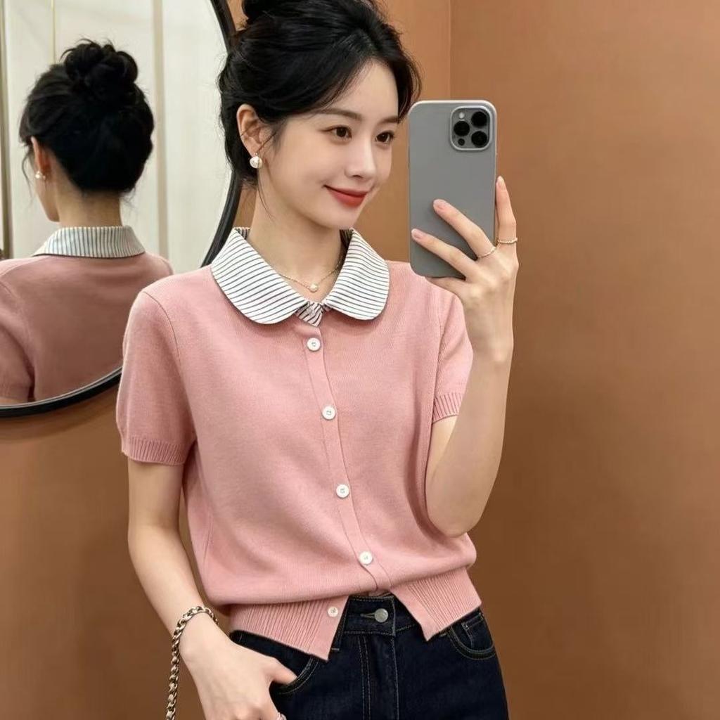 Baby Collar Knitted Cardigan Women's Summer Clothing - New Style Loose and Laid-back Style Outerwear, Top with Thin Short Sleeves, T-shirt Type Shirt