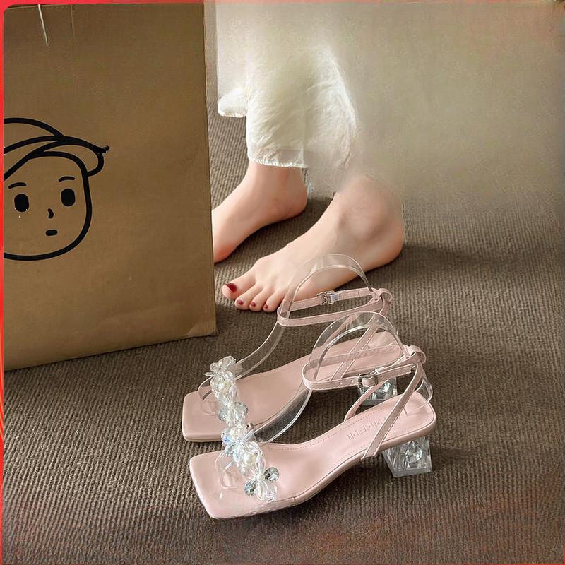 

Босоножки Женская обувь Новые Толстый квадратный носок Одинарный ремешок Высокий каблук 40 розовый