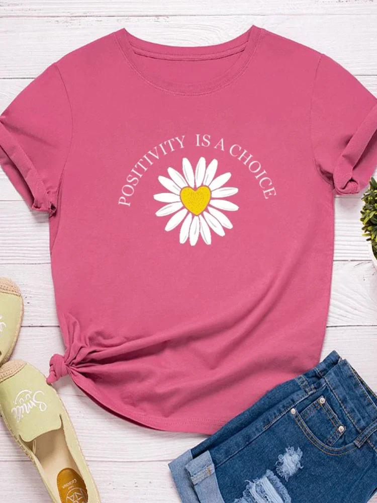 Positivity Is Choice Daisy Print Women T Shirt Short Sleeve O Neck Loose Women Tshirt Ladies Tee Shirt Tops Camisetas Mujer