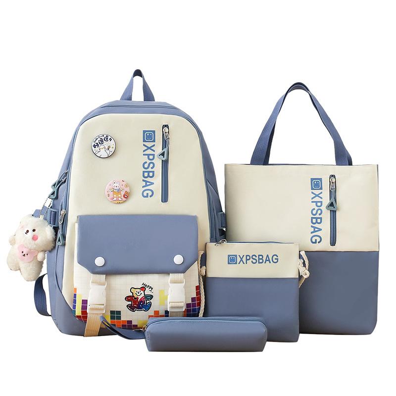School Bag Campus Backpack Four-piece Contrasting Color New Primary School School Bag Female Large-capacity Junior High School Backpack
