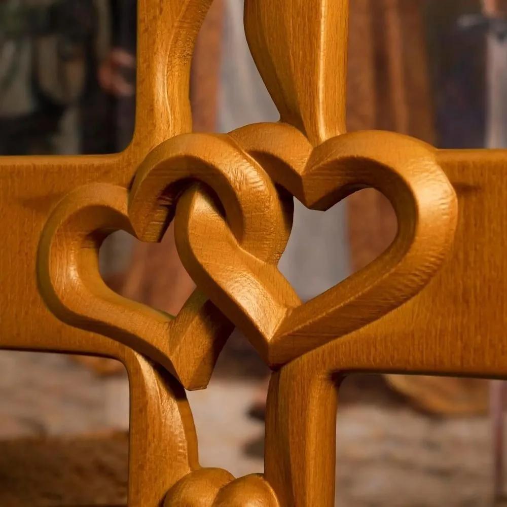 Solid Wood Intertwined Heart Wooden Cross Handmade Wooden Carved Wedding Memorial Gift Loveheart Cross Pendant Heart Crafts