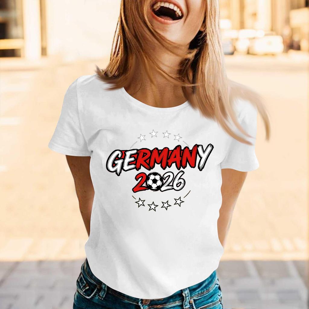 Womens Crew Neck Short Sleeve Pullover T Shirt with Letter Print Germany 2026 Graphic Casual Loose Fit Top for Supporters