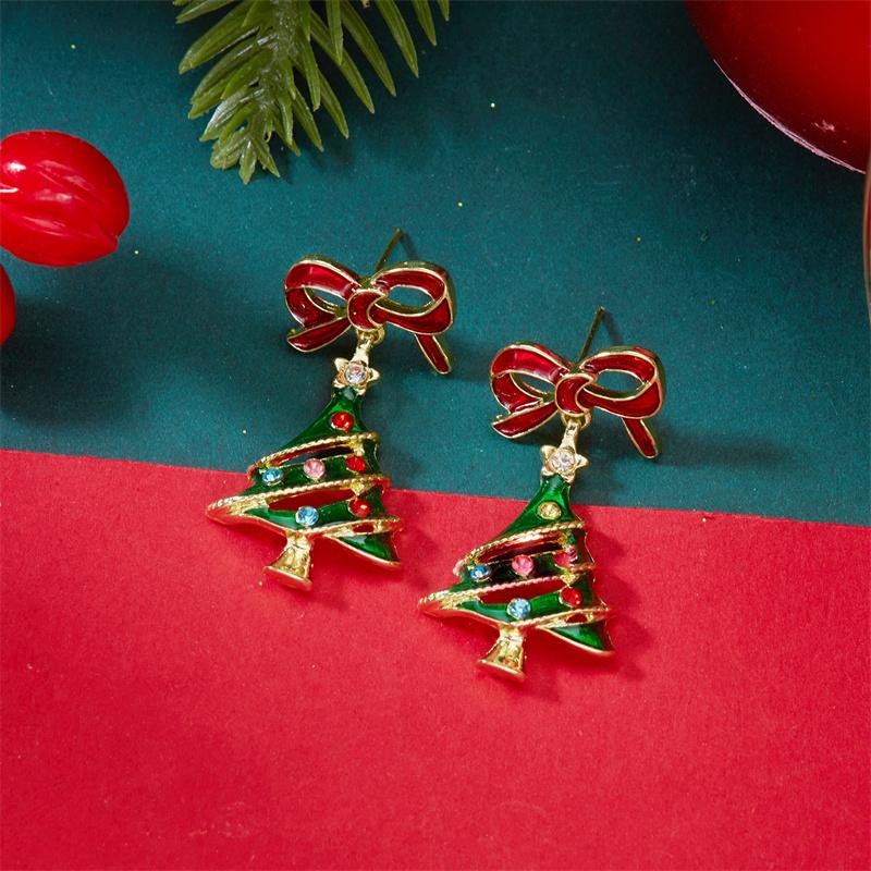 Red Bow Christmas Tree Earrings for Women Colorful Crystal Festive Holiday Dangle Drop Jewelry Gift Girls Best Friend Party