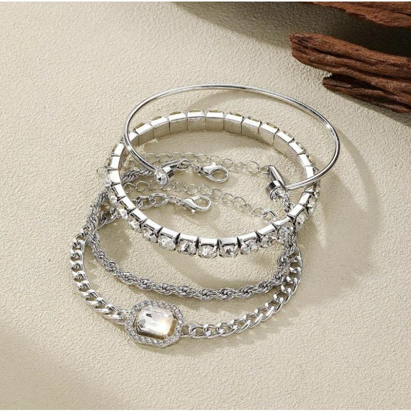 Literary and Artistic Retro Versatile Metal Chain Square Diamond 4-piece Set of Hot Selling Multi-layer Diamond Stacked Bracelet Set
