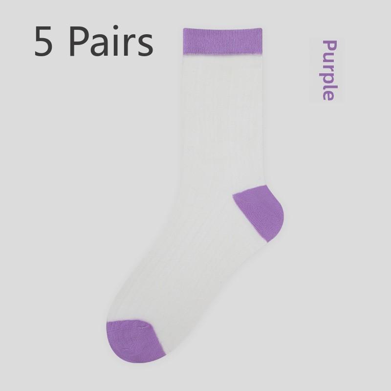 5 Pairs Spring and Summer Thin Transparent Silk Socks Mid-tube Socks Breathable Fashion Stretch Silk Socks for Women