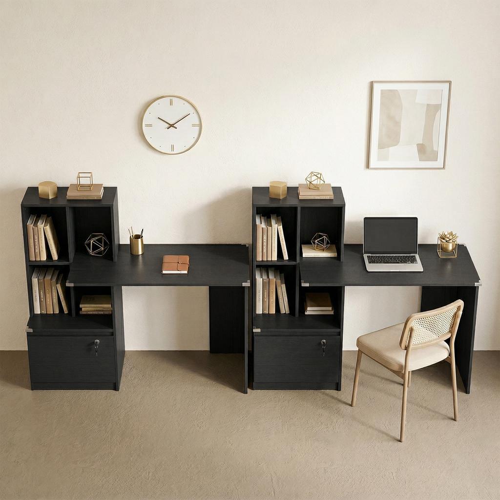 Computer Desk with 4-Compartment Bookcase, Lockable Drawer, 126 x 50 x 109 cm, Black