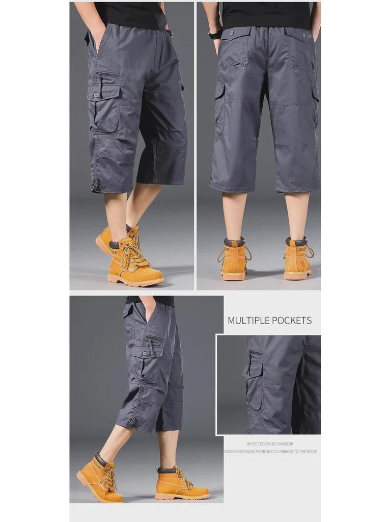 Shorts Casuais de Verão Masculinos de Corte Solto com Vários Bolsos e Comprimento Médio