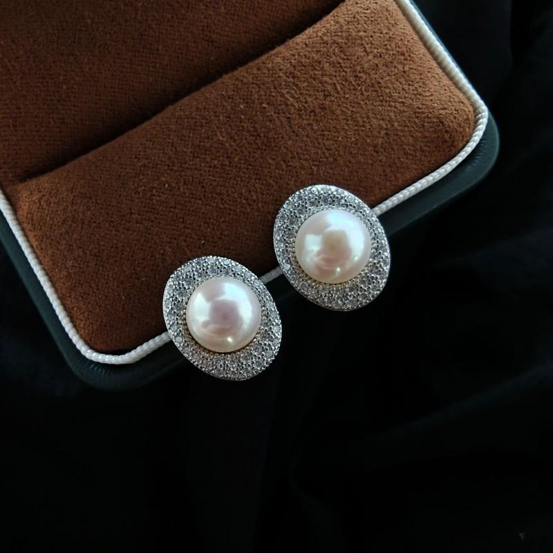 High-Quality Pearl Jewelry Set Women Zircon Stud Earrings Ring Pendant 8-9mm Freshwater