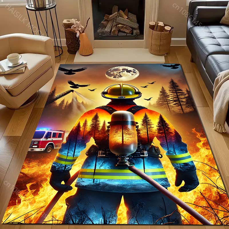 1PC Firefighter with forest fire Pattern Rug Carpets for Bedroom Living Room Sofa Mat Creative Door Mat Cloakroom Home Decor