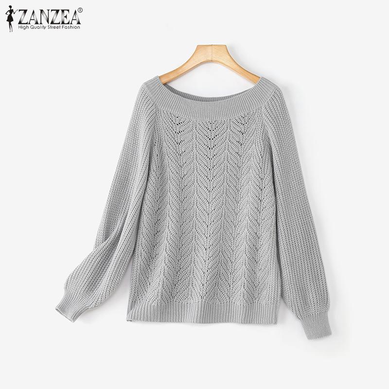 ZANZEA Autumn Winter Women Off Shoulder Long Sleeve Knitted Hollow Sweater Jumper Pullovers