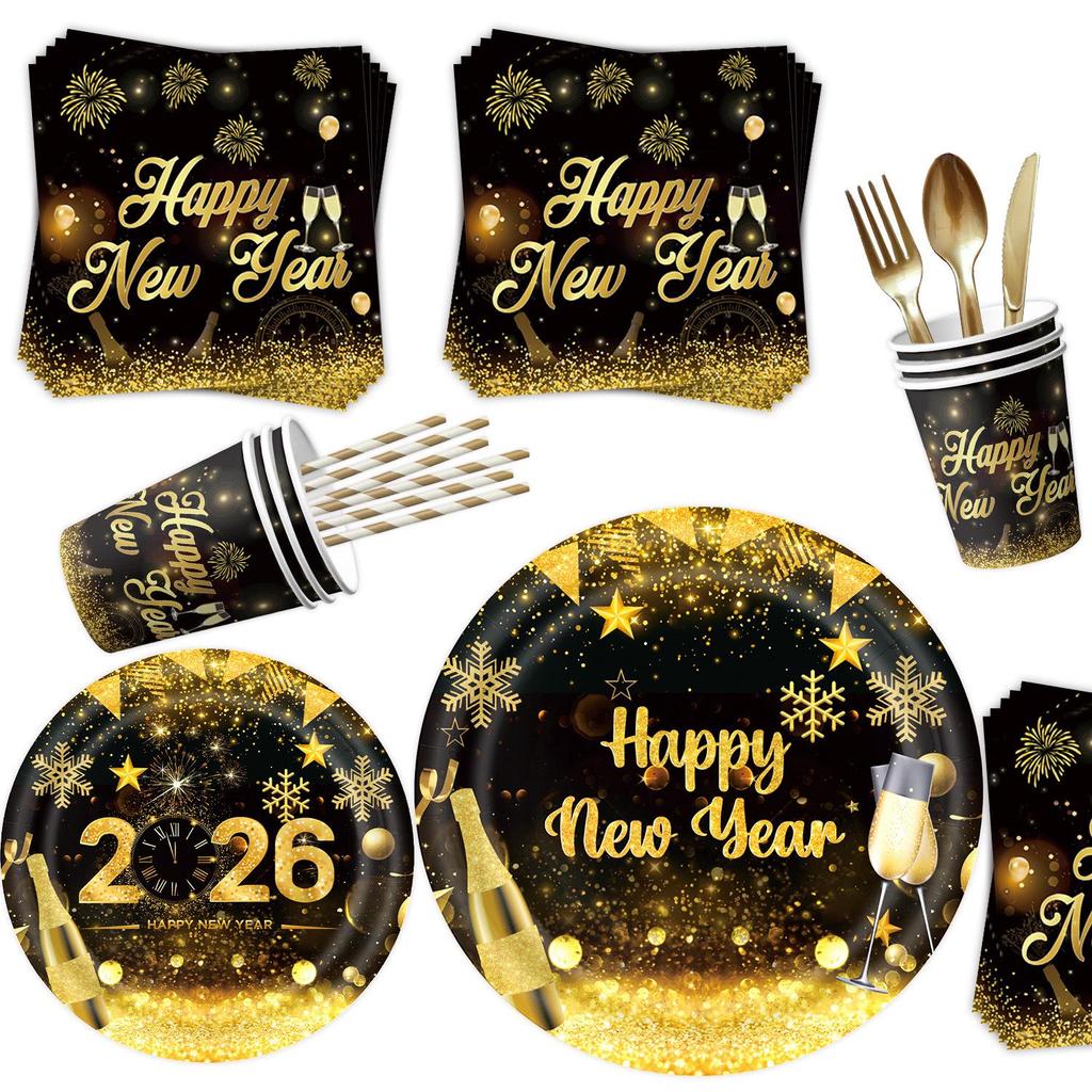 Black Gold New Year Party Set: Disposable Plates, Cups, Napkins & Decorations