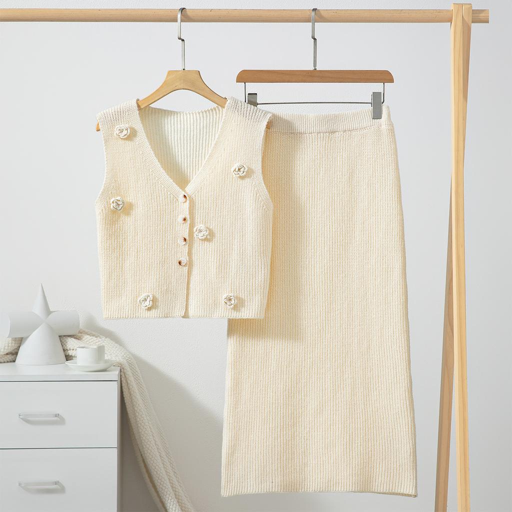 Flower Knitted Waistcoat Dress Sleeveless Vest Two-piece Set