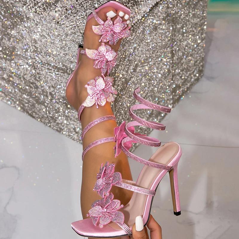 2025 Nuovo Design Punta Aperta Fiore di Cristallo Cinturino alla Caviglia Sandali da Donna Sexy Tacco Sottile Scarpe da Donna per Festa da Stripper