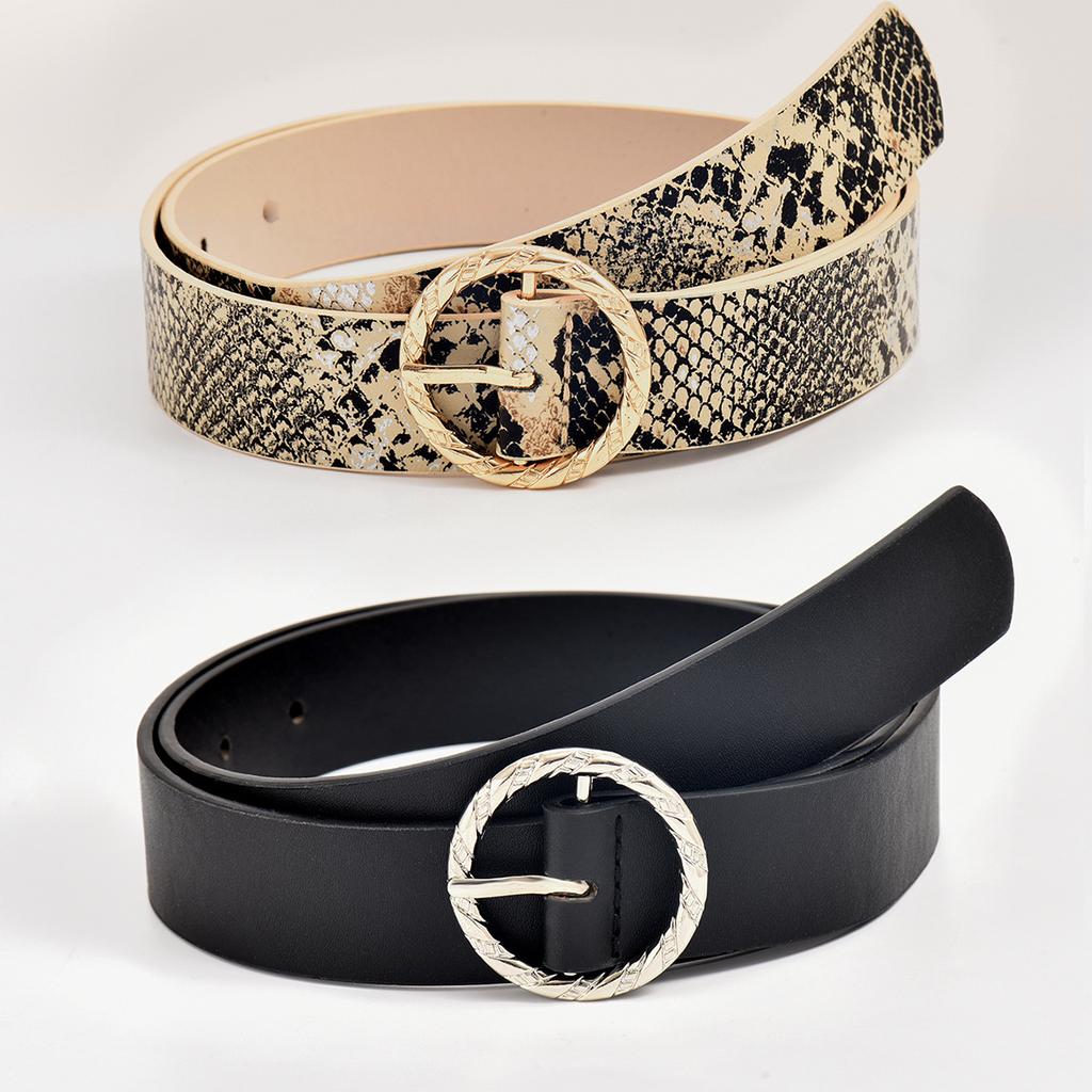 New Women's Round Buckle Snake Pattern Versatile Basic Belt PU Imitation Leather Women's Belt