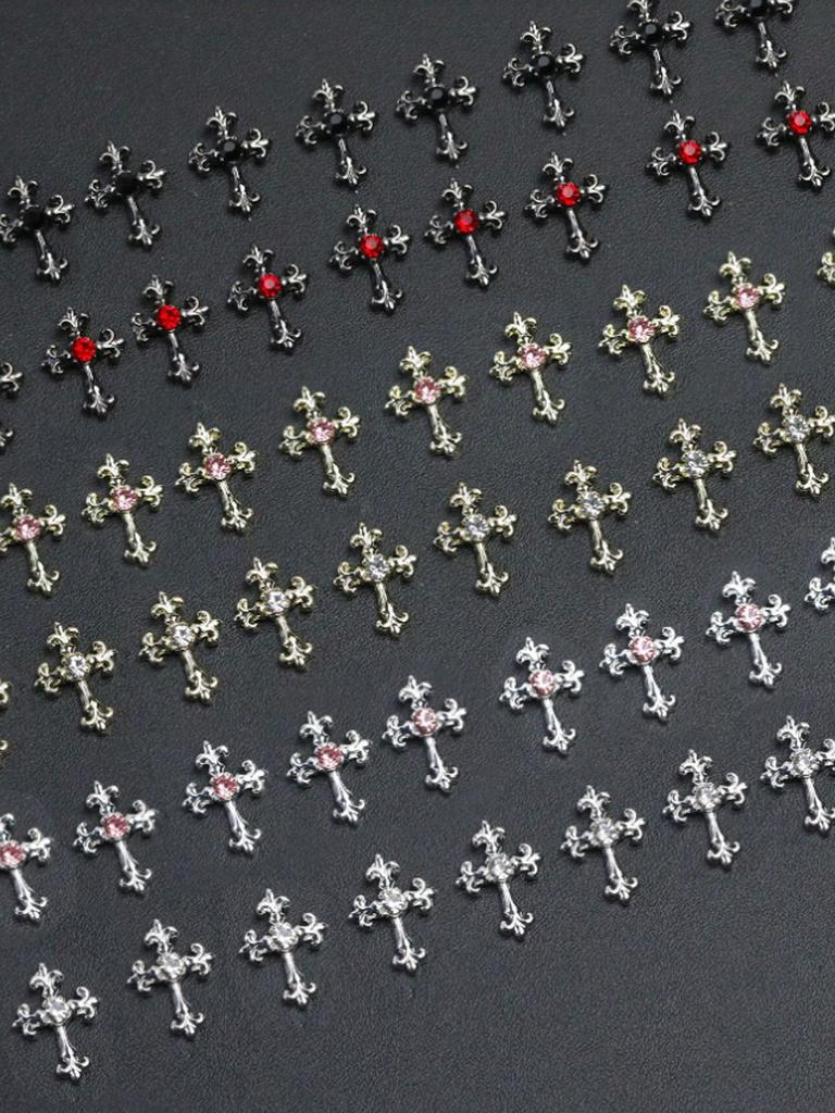 60pcsY2K Gold, Silver And Black Cross Nail Decoration Set With Rhinestones Black, White, Pink, Red Rhinestones Alloy Nail Art