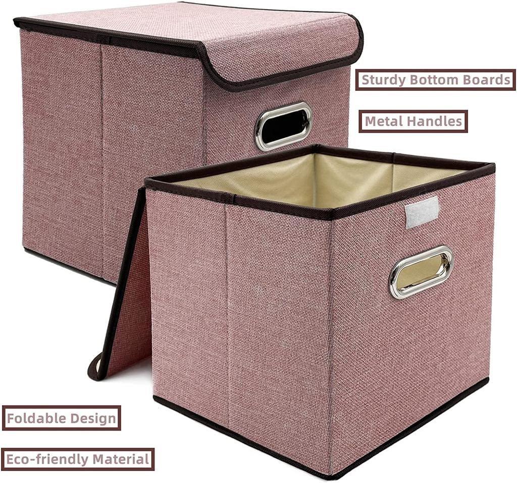 2 Pezzi Contenitori Pieghevoli con Coperchio 25*25cm Cestini Portaoggetti in Tessuto di Lino Lavabili Scatola Decorativa
